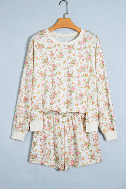Beige Floral Print Long Sleeve Shift Top Pocketed Shorts 2pcs Set