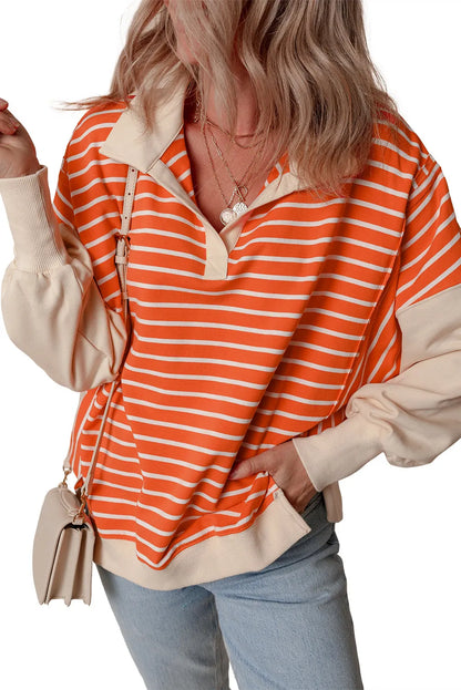 Orange Stripe Color Block Loose Fit Collared Drop Shoulder Sweatshirt - Chic Meadow Boutique 