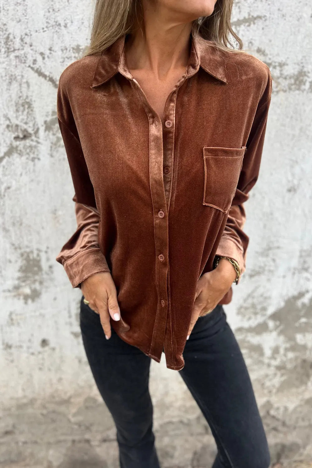 Chestnut Chest Pocket Velvet Shirt - Chic Meadow Boutique 