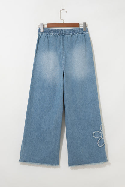 Beau Blue Frayed Floral Patch Wide Leg Raw Hem Wide Leg Jeans