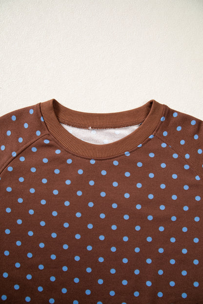 Brown Polka Dot Drawstring Wide Leg Long Sleeve Top Pant Set