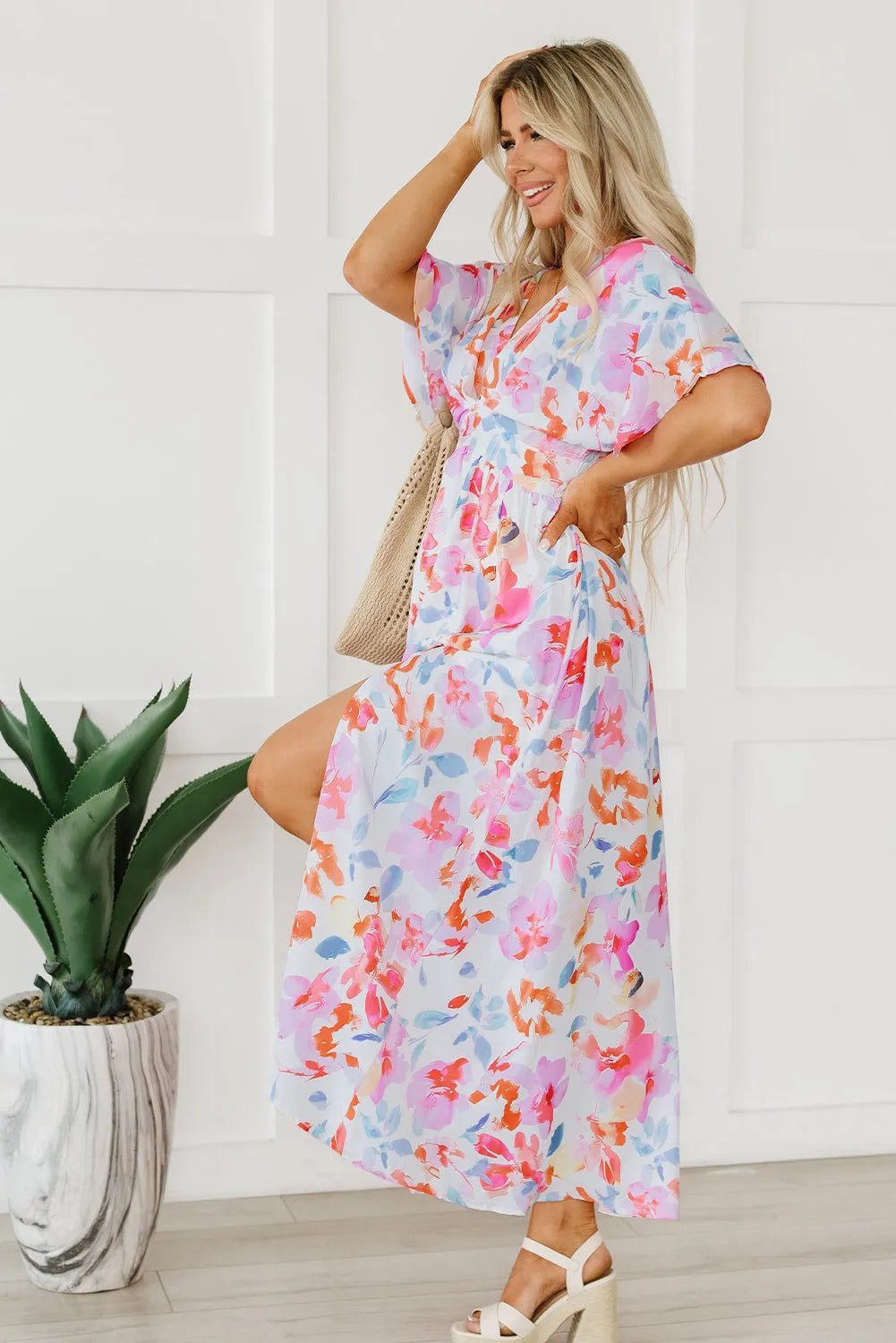 Multicolor Tropical Floral Print Ruched V Neck Maxi Dress - Chic Meadow Boutique 