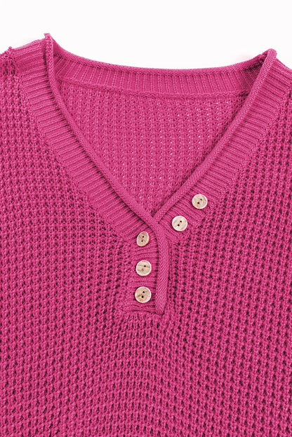 Rose Red Pointelle Knit Button V Neck Drop Shoulder Sweater - Chic Meadow Boutique 