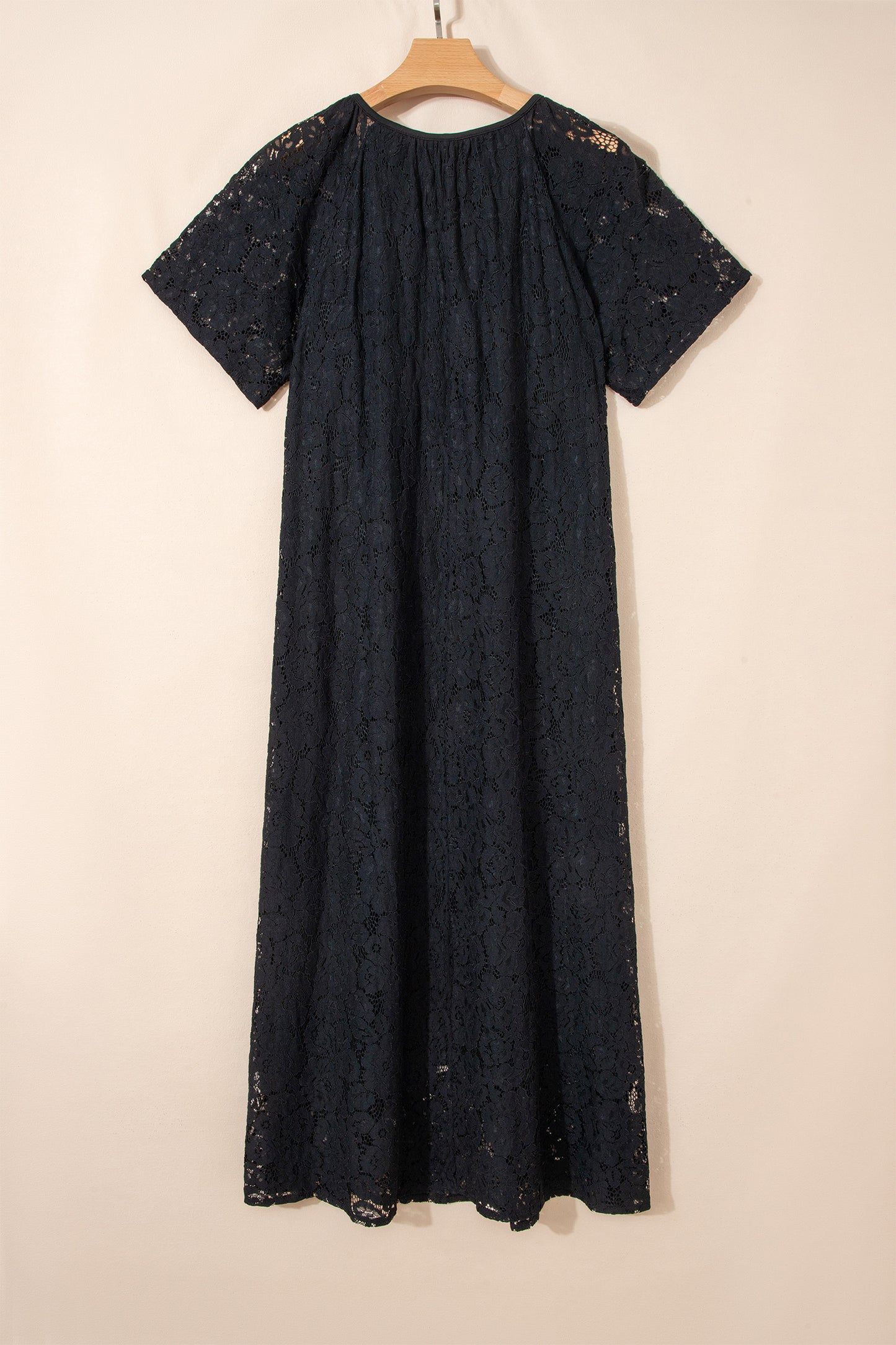 Black Floral Lace Overlay Tassel Tie Short Sleeve Beach Vacation Loose Maxi Dress