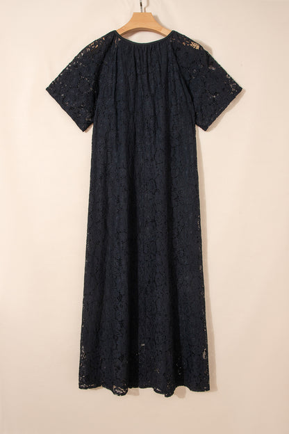 Black Floral Lace Overlay Tassel Tie Short Sleeve Beach Vacation Loose Maxi Dress