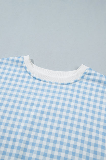 Sky Blue Plaid Baggy Pullover Drawstring Casual Shorts 2pcs Outfit
