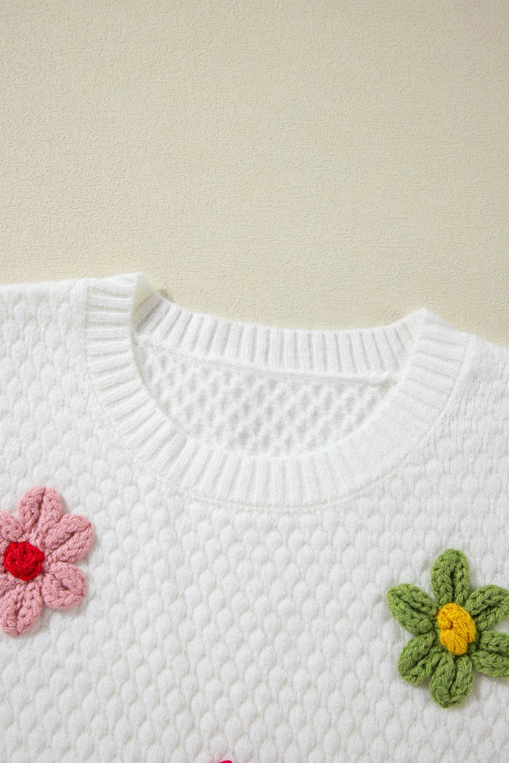 White Colorful Flower Applique Textured Knit Sweater - Chic Meadow Boutique 