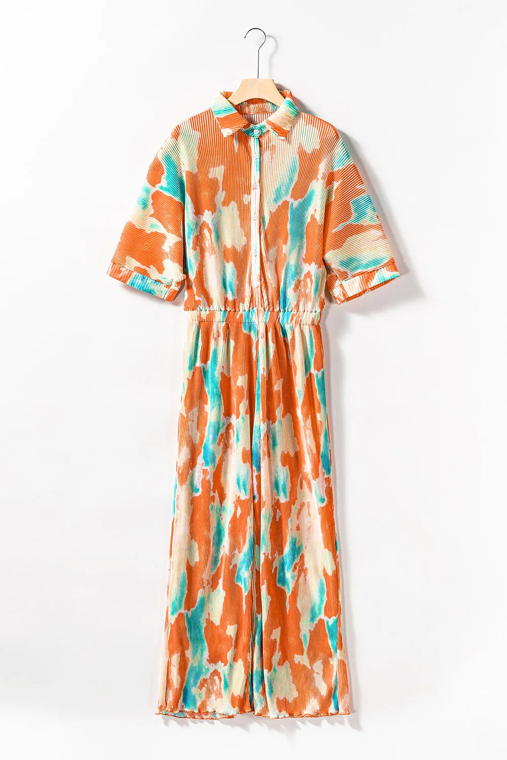 Multicolor Bohemian Tie Dye Pleated Shirt Collar Loose Jumpsuit - Chic Meadow Boutique 