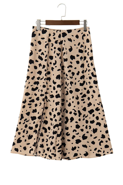 Khaki Leopard Spots Printed Split Hem Midi Skirt - Chic Meadow Boutique 