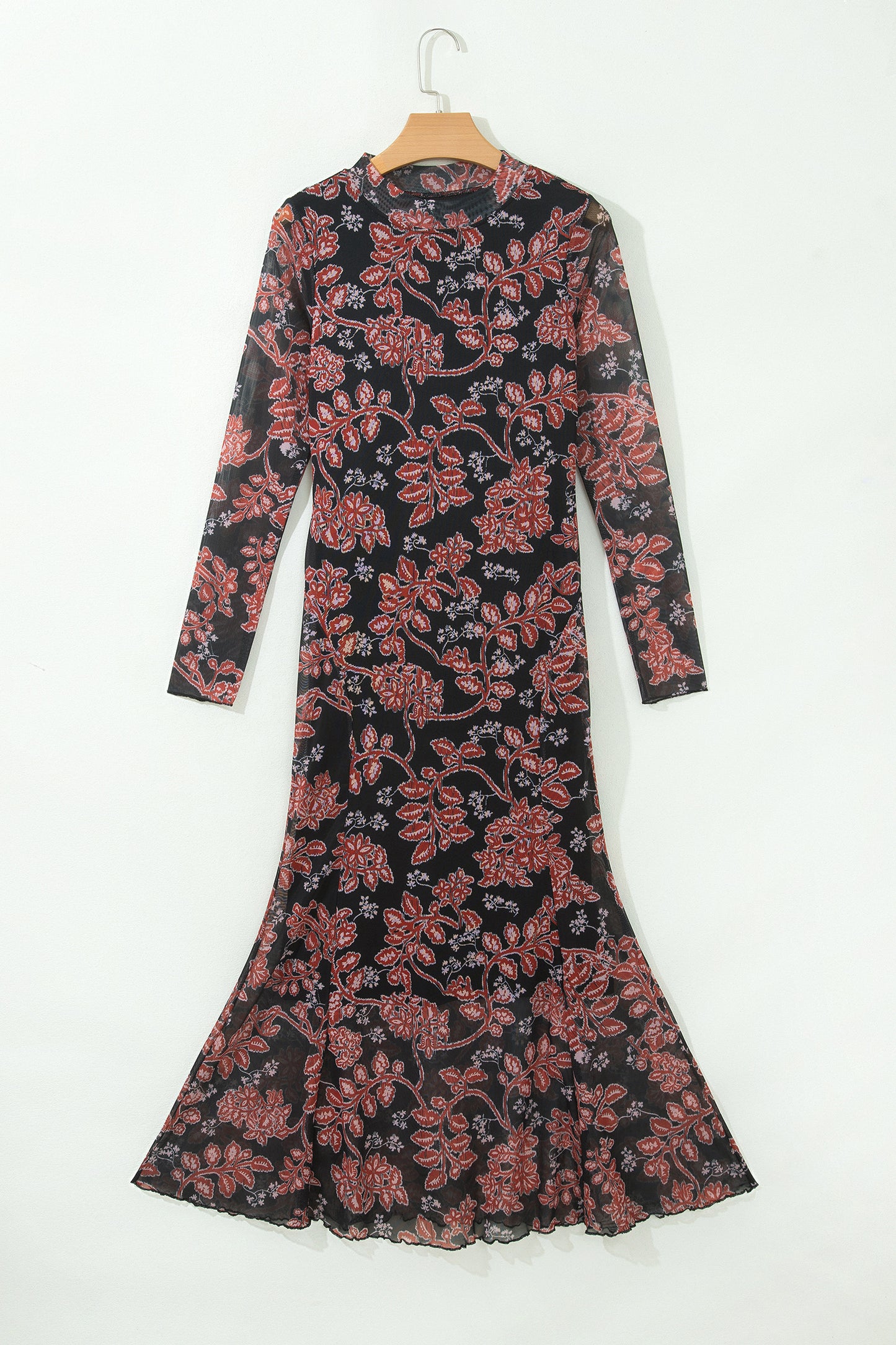 Black Retro Floral Print Long Sleeve Casual Mesh Dress