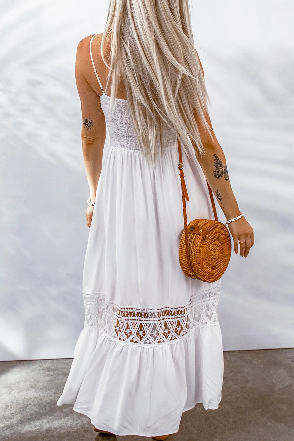 White Lace Splice Button Decor Spaghetti Strap Maxi Dress - Chic Meadow Boutique 