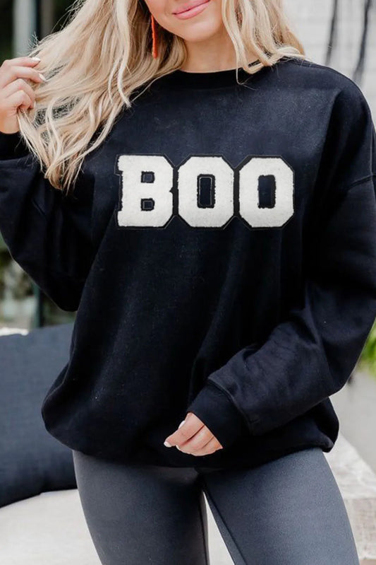 Black Chenille BOO Patched Pattern Crewneck Halloween Sweatshirt - Chic Meadow Boutique 