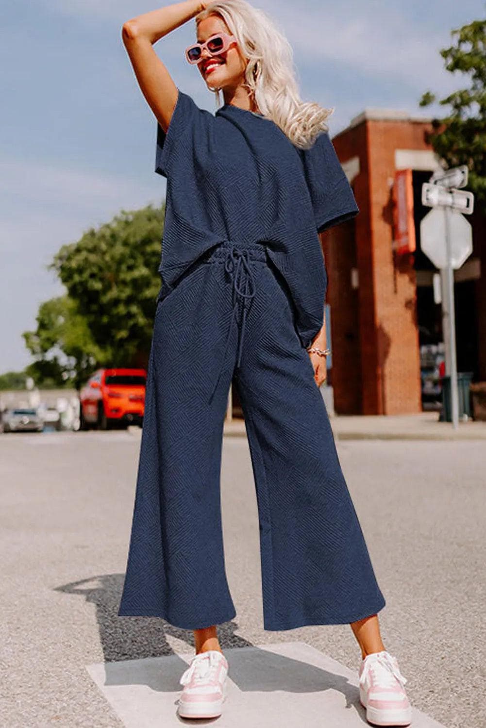 Navy Blue Textured Loose Fit T Shirt and Drawstring Pants Set - Chic Meadow Boutique 