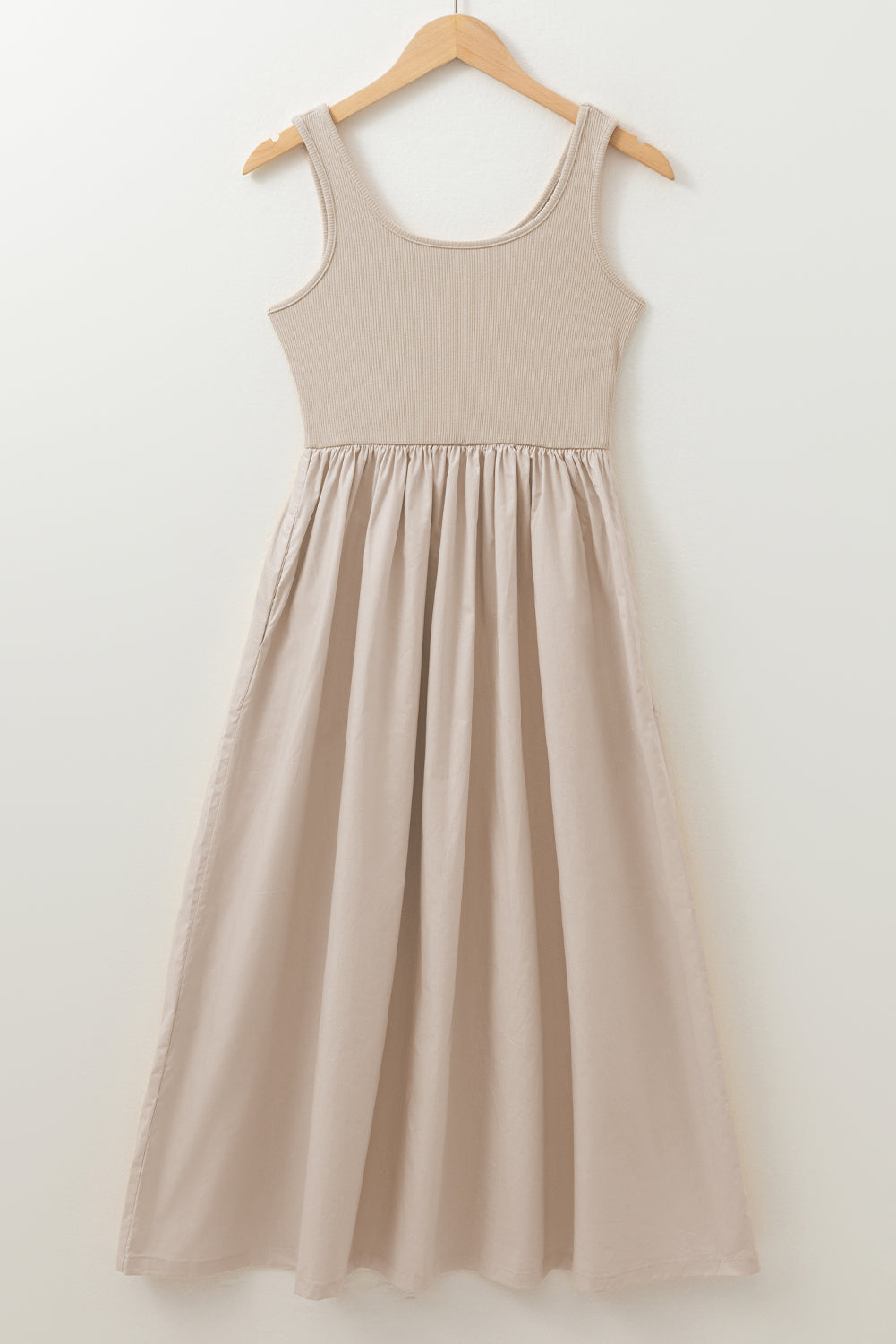 Beige Scoop Neck Ribbed Bodice Pleated Sleeveless Long Dress