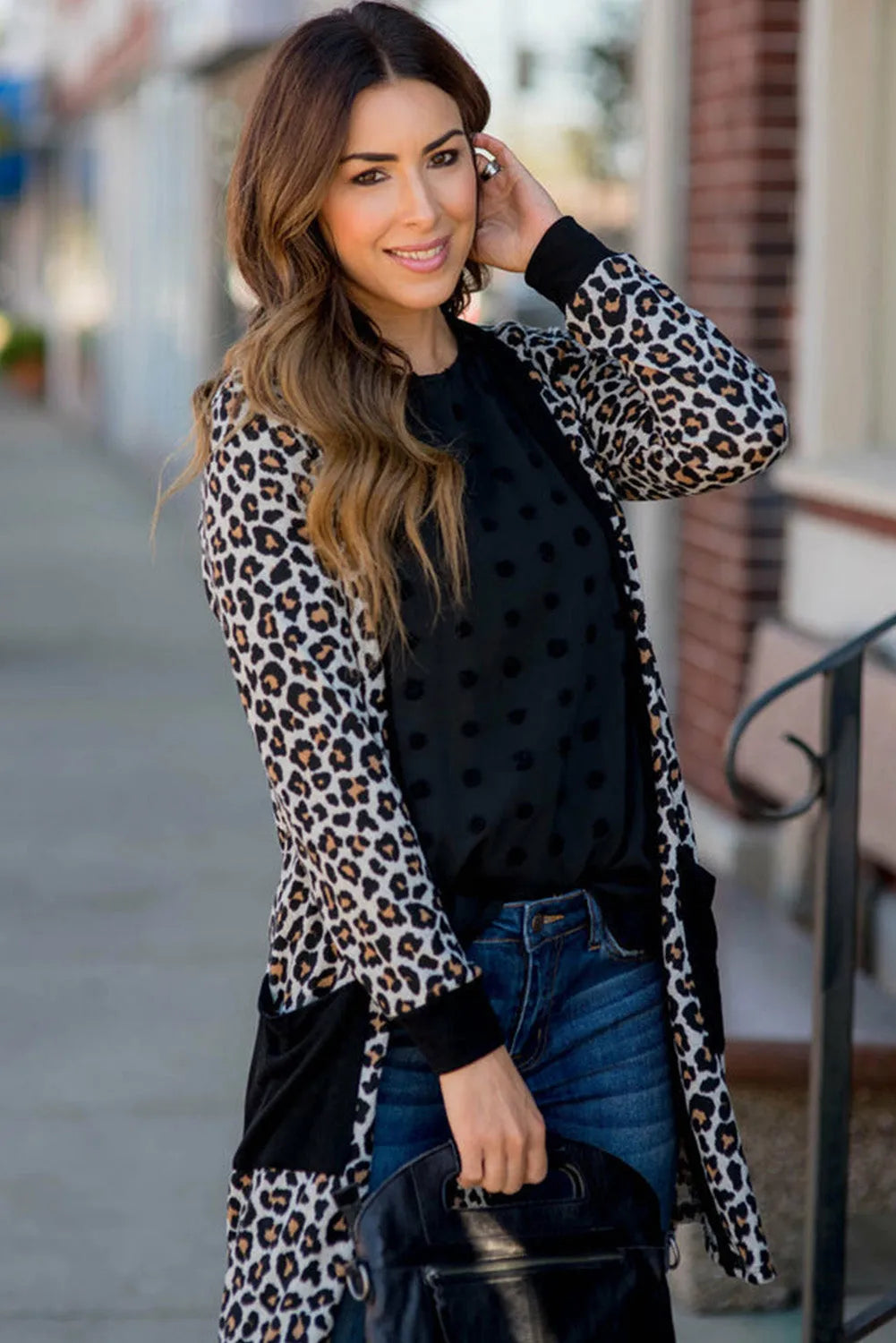 Black Leopard Patched Pocket Open Front Cardigan - Chic Meadow Boutique 