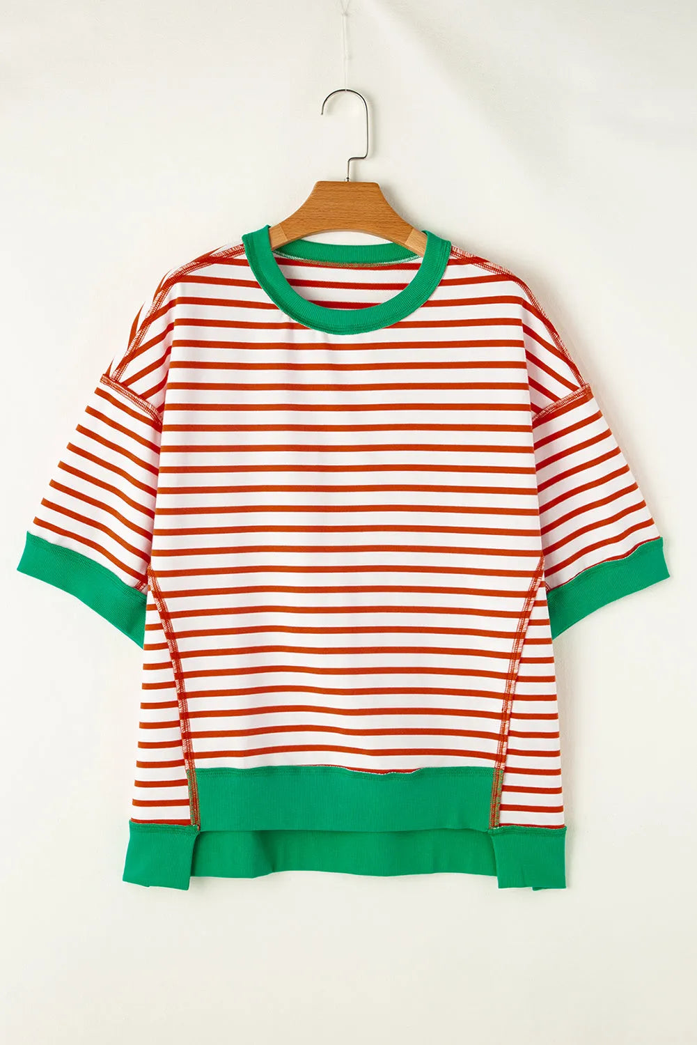 Orange Stripe Oversized Contrast Trim Exposed Seam High Low T Shirt - Chic Meadow Boutique 