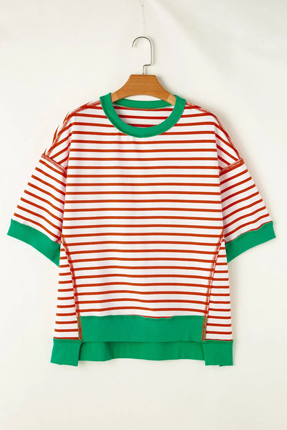 Orange Stripe Oversized Contrast Trim Exposed Seam High Low T Shirt - Chic Meadow Boutique 