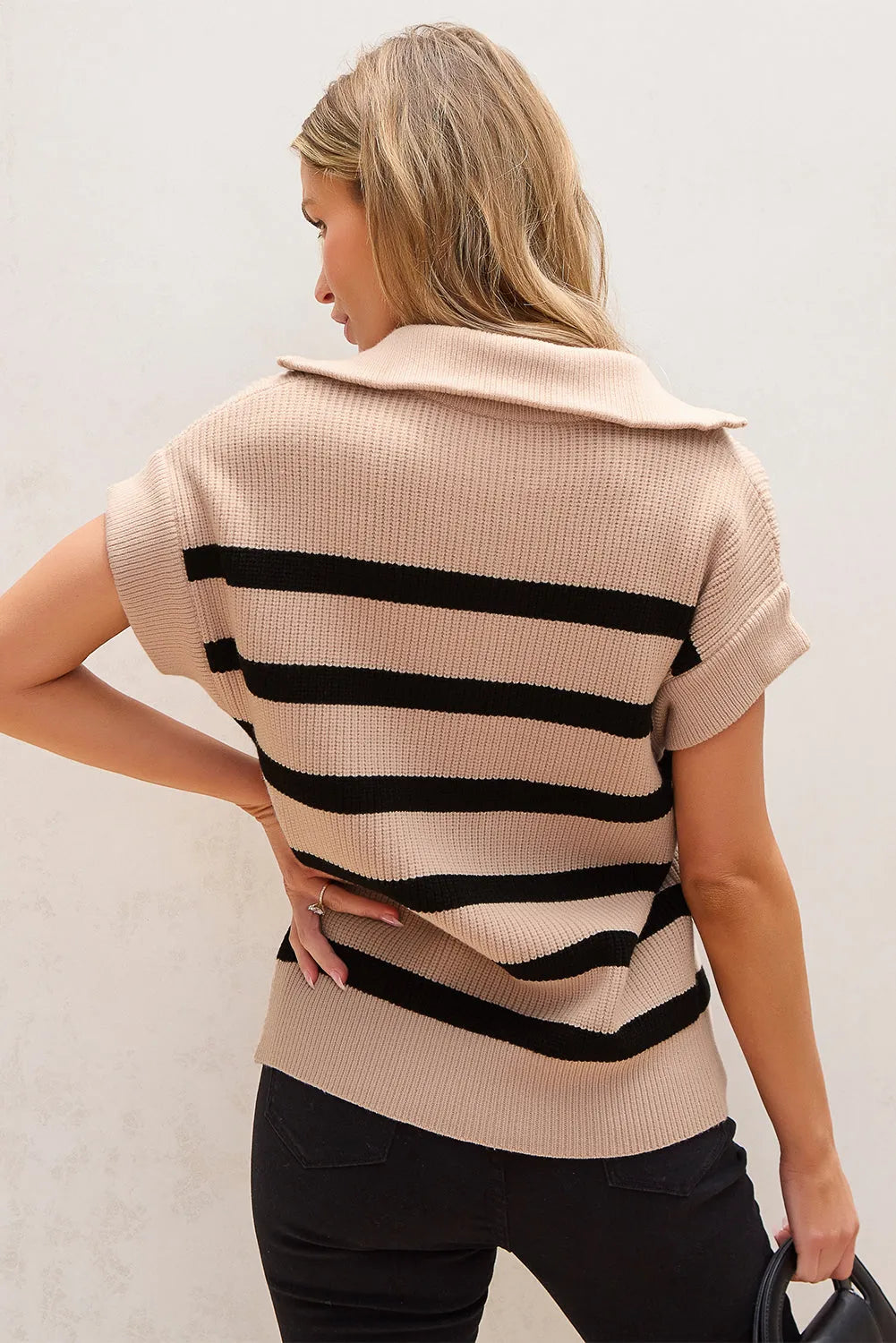 Khaki Stripe Zipped Collar Short Sleeve Sweater - Chic Meadow Boutique 