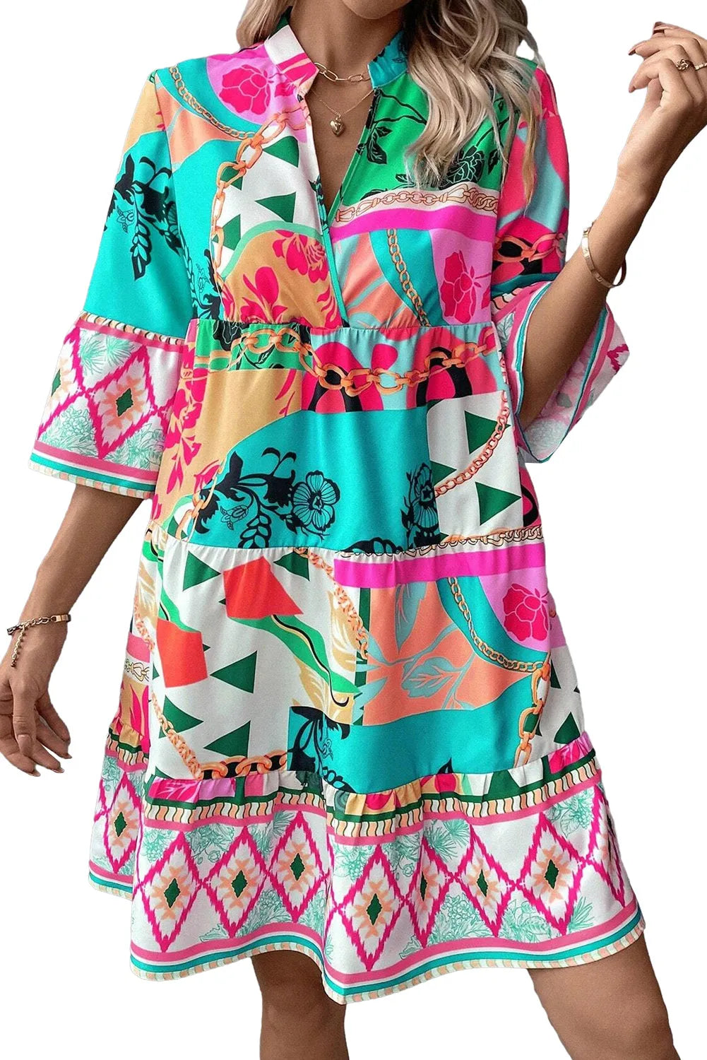 Multicolour Abstract Printed Half Sleeve Notched Neck Mini Dress - Chic Meadow Boutique 