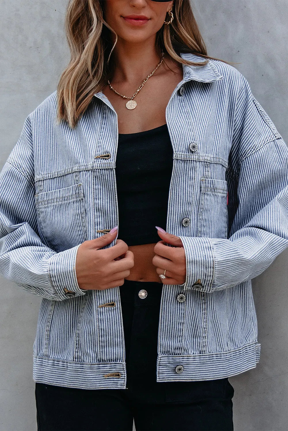 Sky Blue Stripe Washed Oversize Pocketed Denim Jacket - Chic Meadow Boutique 