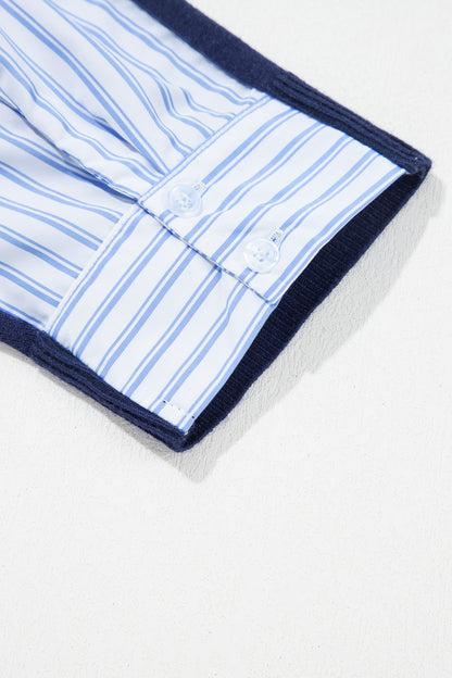 Navy Blue Drop Shoulder Long Sleeve Striped Pullover Sweater