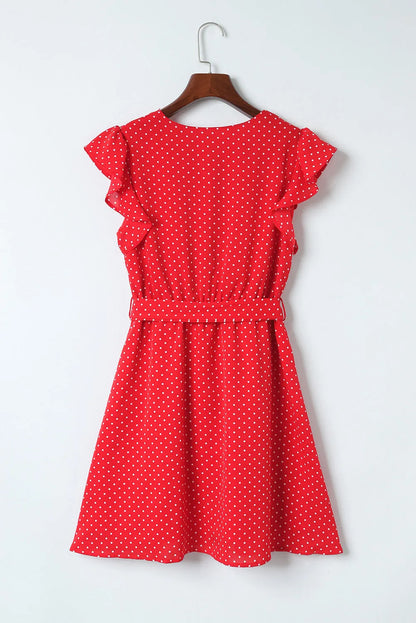 Fiery Red Polka Dot V Neck Ruffle Sleeve Dress - Chic Meadow Boutique 