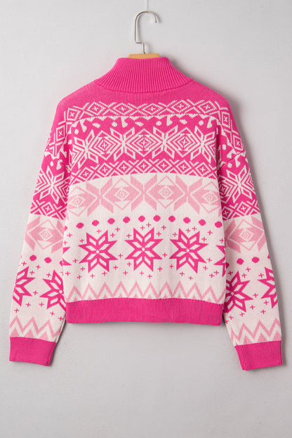 Rose Red Christmas Snowflake Quarter Zip Collard Sweater