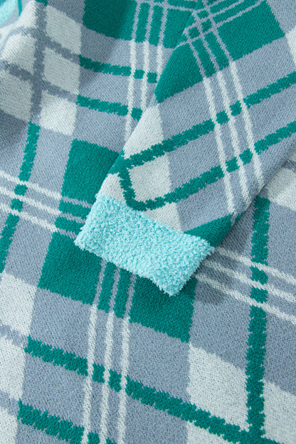 Green Plaid V Neck Long Sleeve Shift Cardigan Sweater