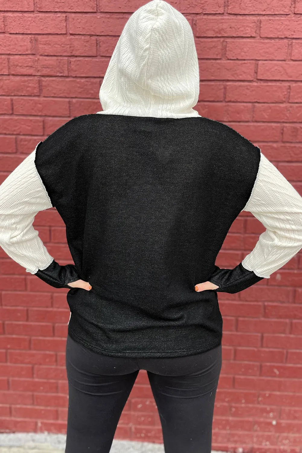 Black Color Block Textured Buttoned Kangaroo Pocket Hoodie - Chic Meadow Boutique 