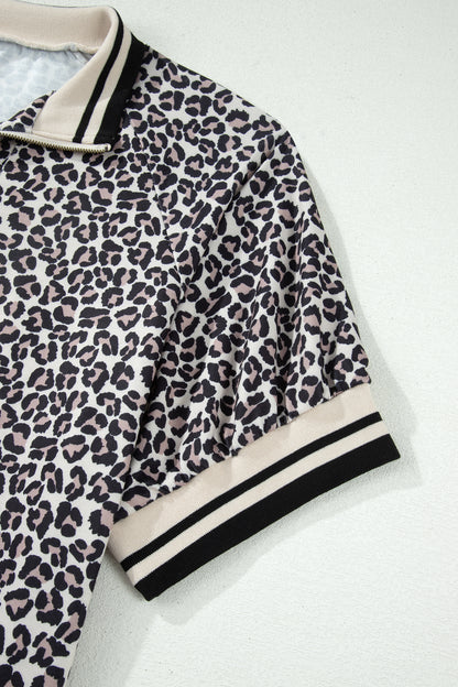 Brown Plus Size Leopard Print Striped Webbing Patchwork Half Zip Blouse