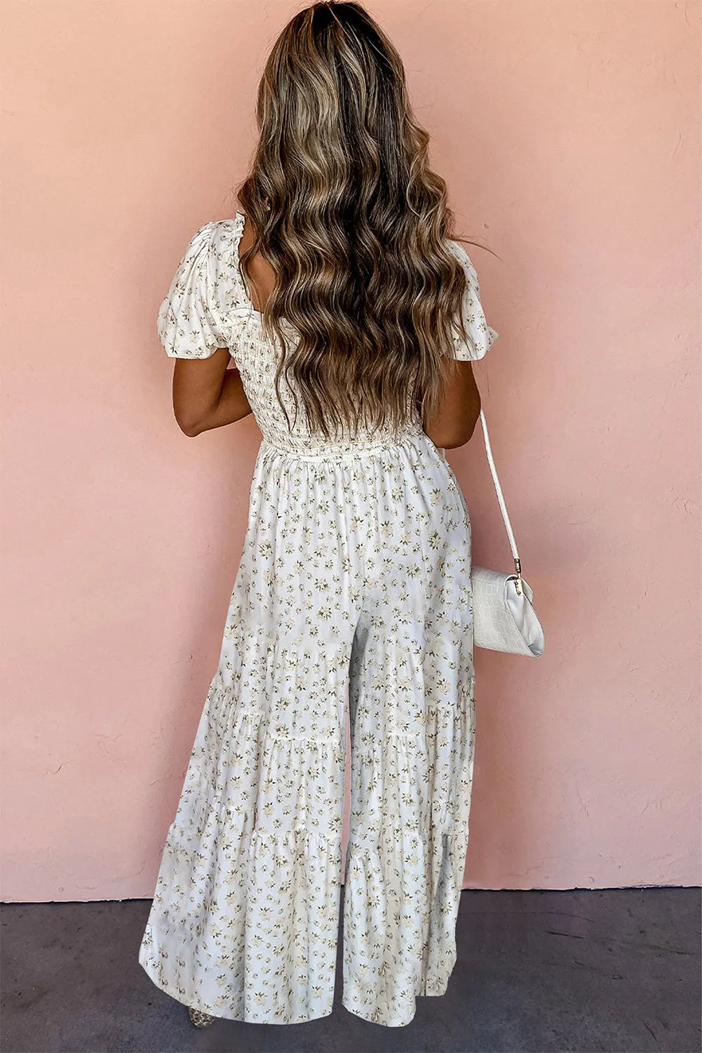 White Boho Floral Smocked Wide Leg Short Puff Sleeve Jumpsuit - Chic Meadow Boutique 