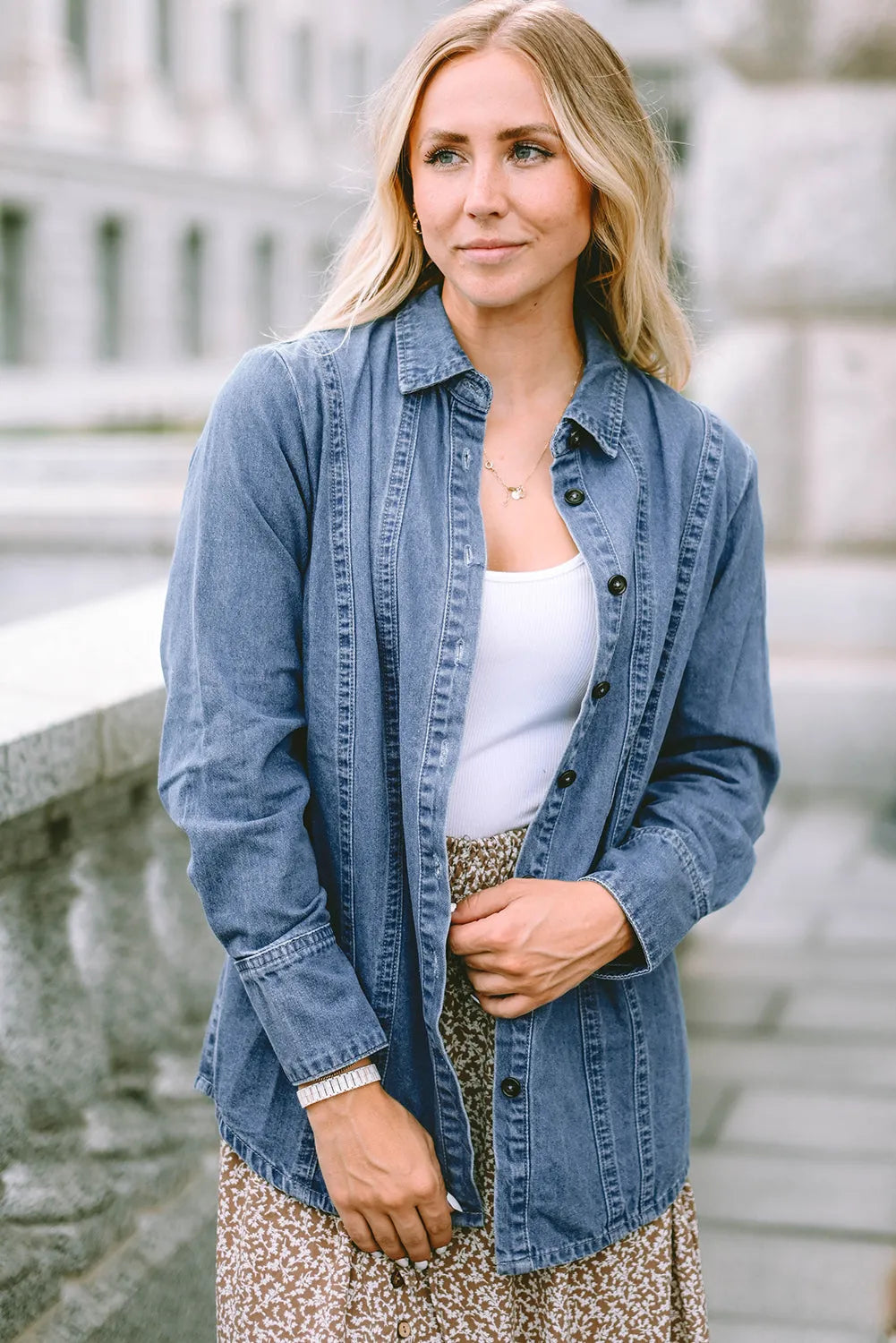 Sky Blue Button-up Long Sleeve Denim Shirt Jacket - Chic Meadow Boutique 