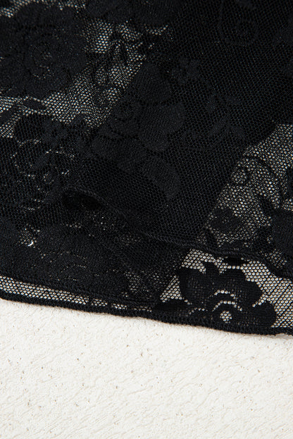 Black Sheer Floral Lace Mesh Mock Neck Long Sleeve Top