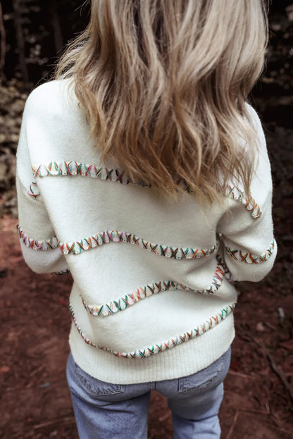 White Colorful Crossed Stitch Drop Shoulder Sweater - Chic Meadow Boutique 