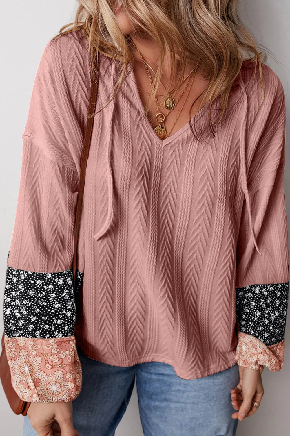 Dusty Pink Floral Patchwork Textured Knit Drawstring V Neck Blouse - Chic Meadow Boutique 