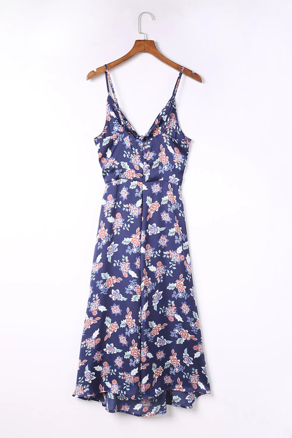 Blue Floral Print Bust Knot Long Dress with Slit - Chic Meadow Boutique 