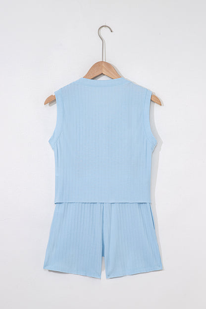 Beau Blue Ribbed Button V Neck Tank Top and Shorts Set