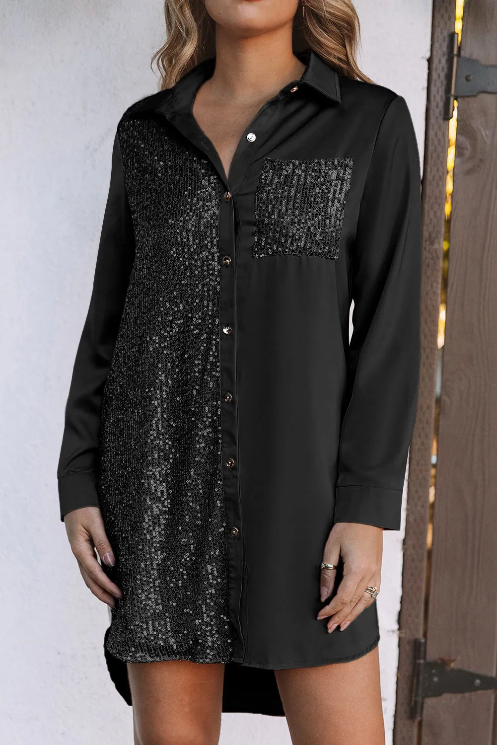 Black Sequin Splicing Pocket Buttoned Shirt Dress - Chic Meadow Boutique 