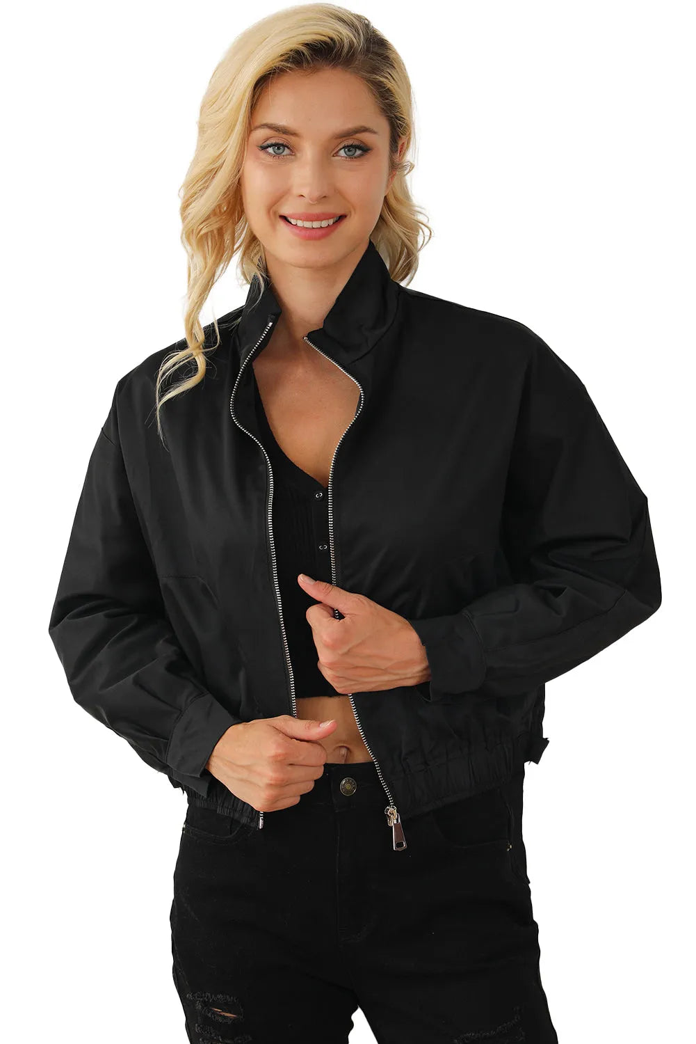 Black Solid Full Zipped Jacket - Chic Meadow Boutique 