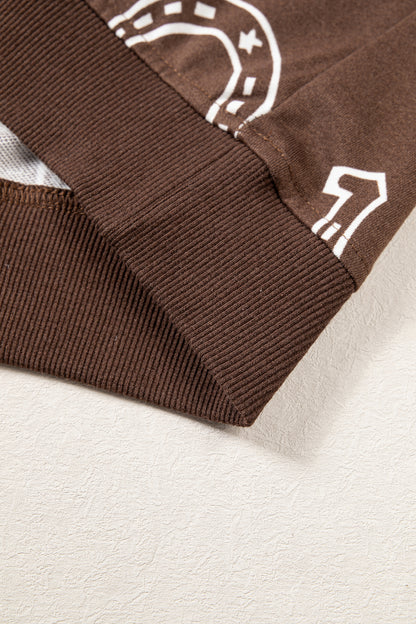 Brown Western Horseshoe Print Mock Neck Casual Pullover Sweatshirt