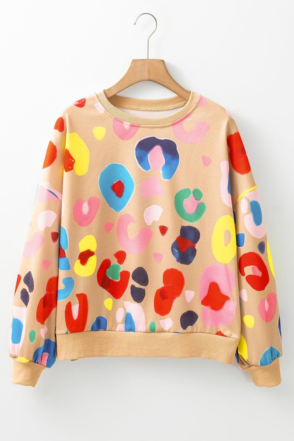 Tops/Sweatshirts & Hoodies Khaki Multicolor Leopard Printed Drop Shoulder Pullover Sweatshirt