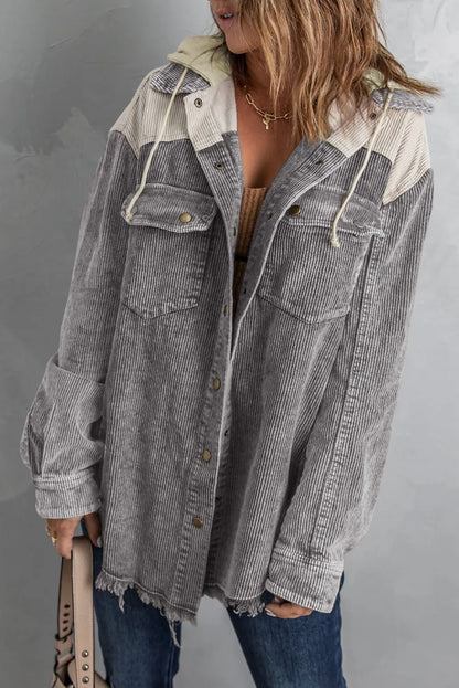 Gray Color Block Button Down Hooded Corduroy Jacket - Chic Meadow Boutique 