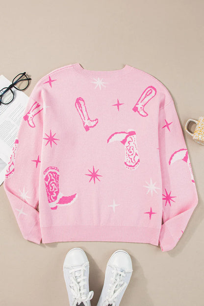 Pink Western Cowboy Boot Sweater - Chic Meadow Boutique 