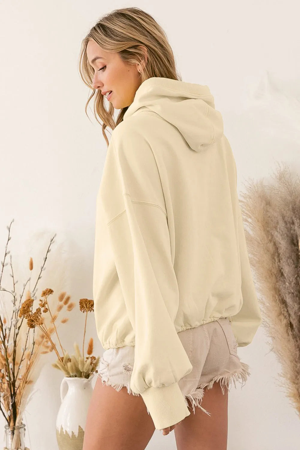 Beige Ribbed Trim Kangaroo Pocket Zipped Hoodie - Chic Meadow Boutique 