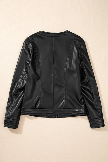 Black Solid Faux Leather Zipper Slim Fit Bomber Jacket - Chic Meadow Boutique 