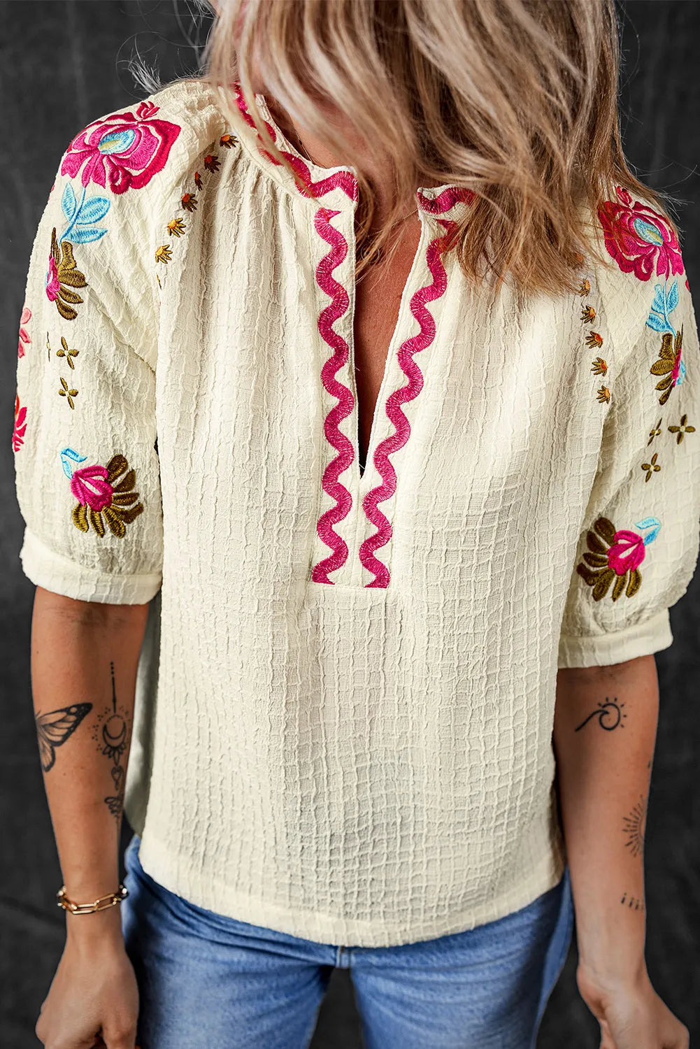 Beige Floral Embroidered Ricrac Puff Sleeve Textured Blouse - Chic Meadow Boutique 