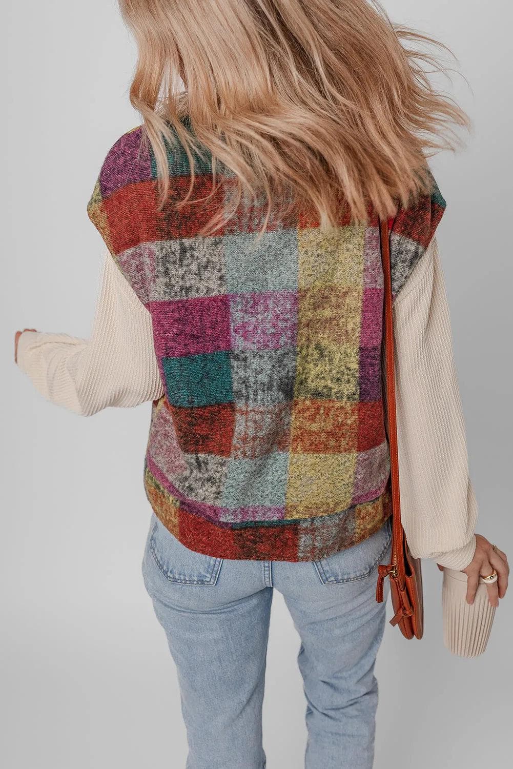 Outerwear/Vests Multicolor Plaid Print Side Pockets Zipped Loose Vest