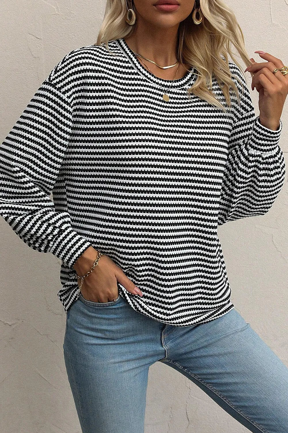 Black Stripe Round Neck Drop Shoulder Long Sleeve Top - Chic Meadow Boutique 