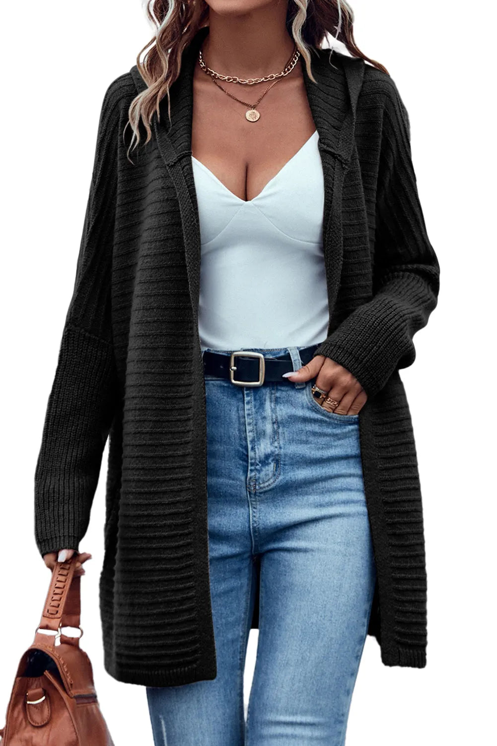 Black Horizontal Rib Knitted Open Front Hooded Cardigan - Chic Meadow Boutique 