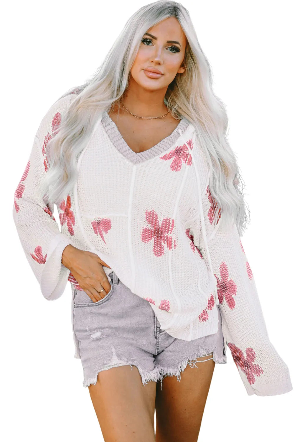 White Floral Print Lightweight Knit Hooded Sweater - Chic Meadow Boutique 